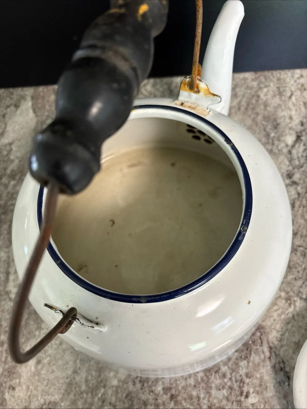 Vintage Large Enamel Tea Kettle Pot White  Ware W/ Wood Handle, Lid Farmhouse